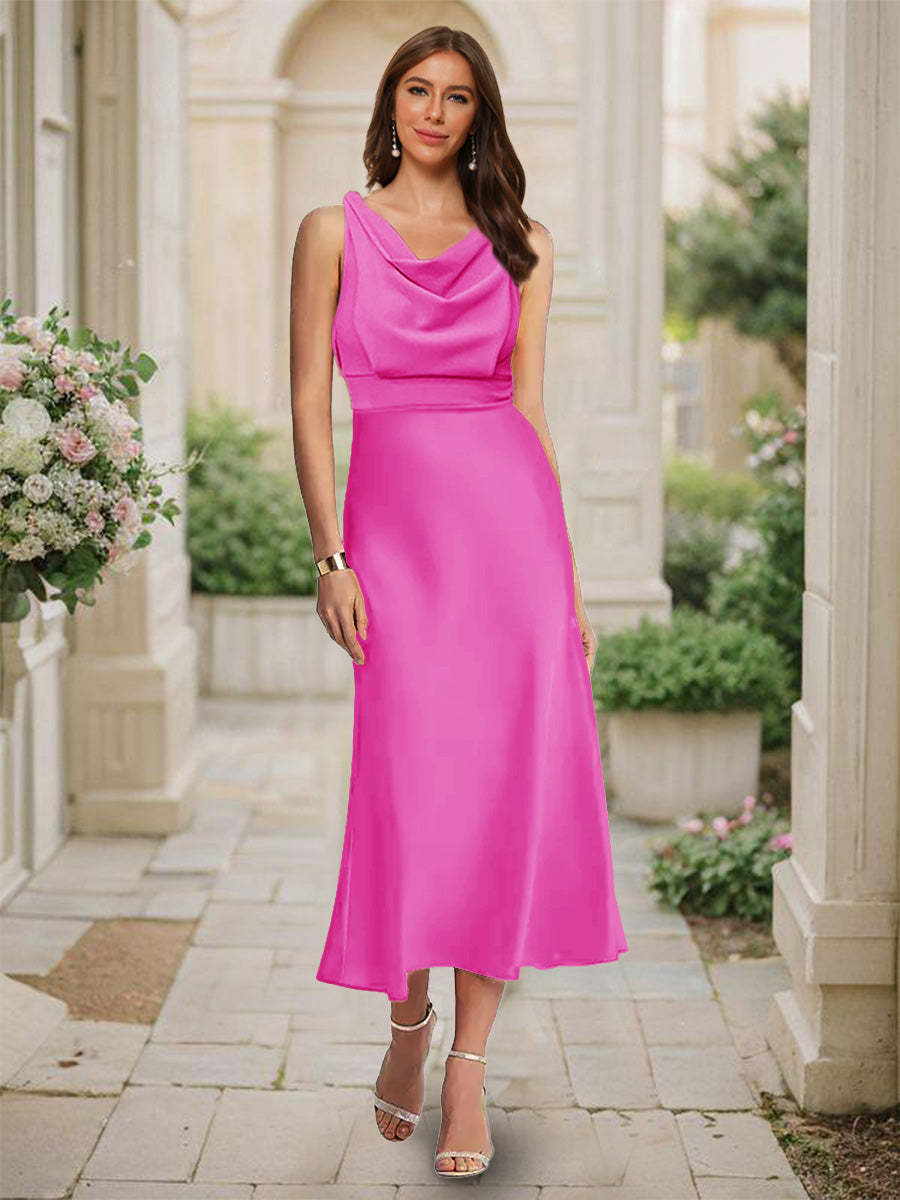 Trumpet Mermaid Cowl Neck Sleeveless Tea Length Ruched Bridesmaid Dresses