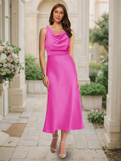 Trumpet Mermaid Cowl Neck Sleeveless Tea Length Ruched Bridesmaid Dresses