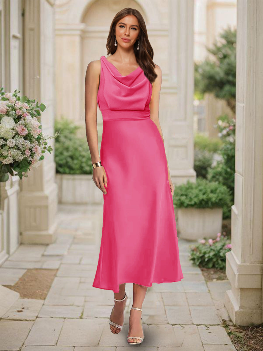 Trumpet Mermaid Cowl Neck Sleeveless Tea Length Ruched Bridesmaid Dresses