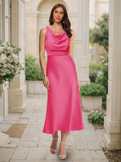 Trumpet Mermaid Cowl Neck Sleeveless Tea Length Ruched Bridesmaid Dresses