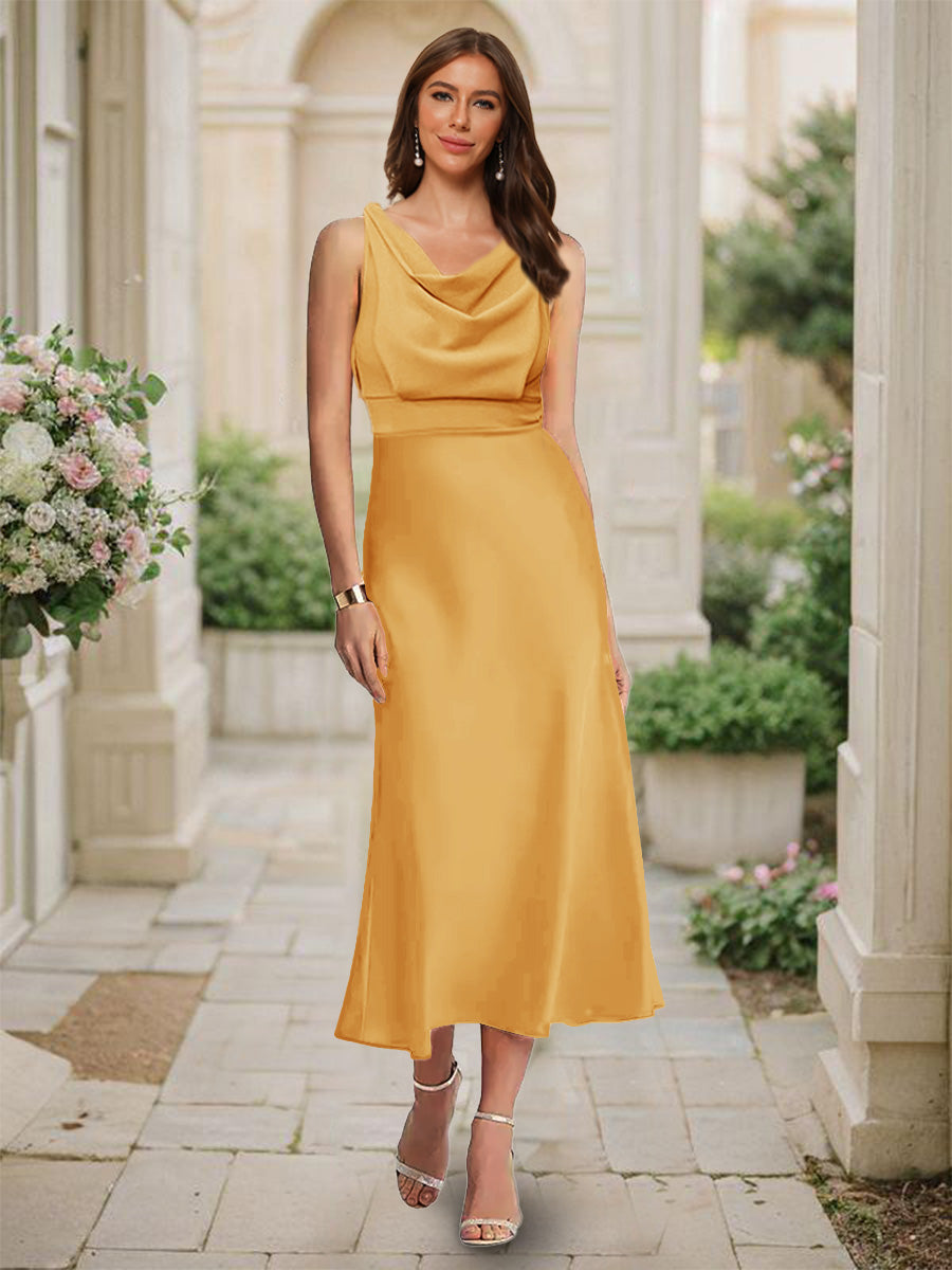 Trumpet Mermaid Cowl Neck Sleeveless Tea Length Ruched Bridesmaid Dresses