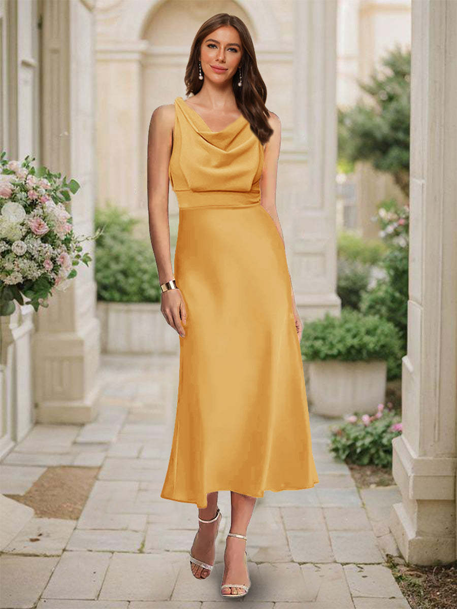 Trumpet Mermaid Cowl Neck Sleeveless Tea Length Ruched Bridesmaid Dresses