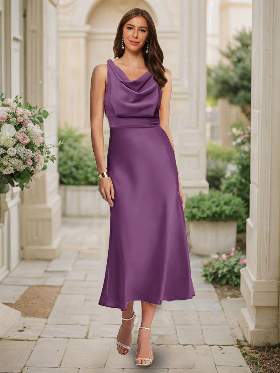 Trumpet Mermaid Cowl Neck Sleeveless Tea Length Ruched Bridesmaid Dresses