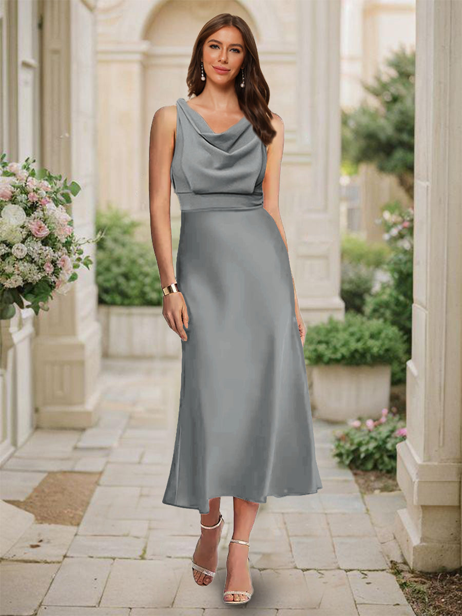 Trumpet Mermaid Cowl Neck Sleeveless Tea Length Ruched Bridesmaid Dresses