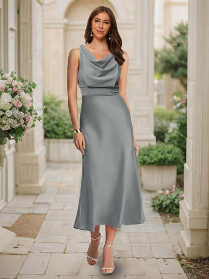 Trumpet Mermaid Cowl Neck Sleeveless Tea Length Ruched Bridesmaid Dresses