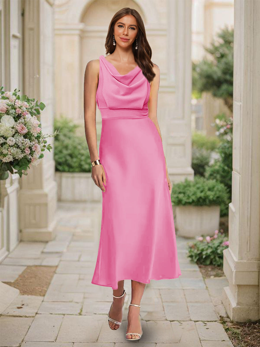 Trumpet Mermaid Cowl Neck Sleeveless Tea Length Ruched Bridesmaid Dresses