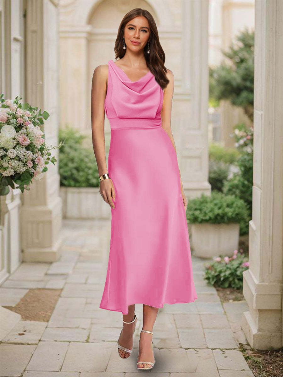 Trumpet Mermaid Cowl Neck Sleeveless Tea Length Ruched Bridesmaid Dresses