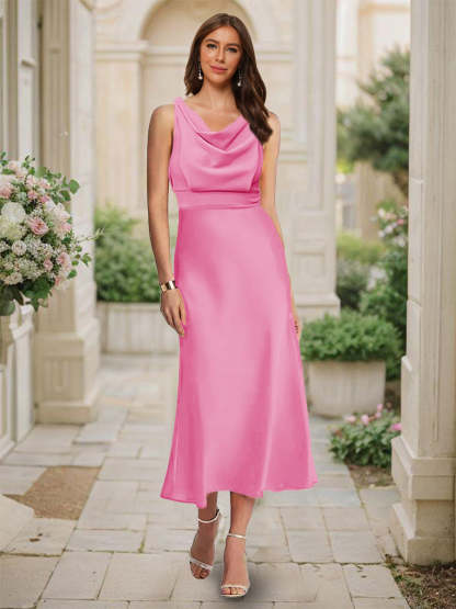 Trumpet Mermaid Cowl Neck Sleeveless Tea Length Ruched Bridesmaid Dresses