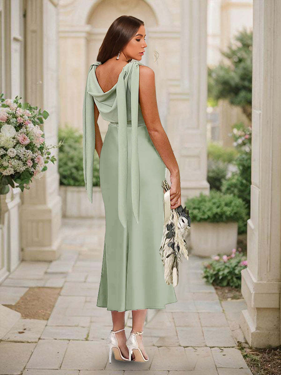 Trumpet Mermaid Cowl Neck Sleeveless Tea Length Ruched Bridesmaid Dresses