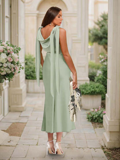 Trumpet Mermaid Cowl Neck Sleeveless Tea Length Ruched Bridesmaid Dresses