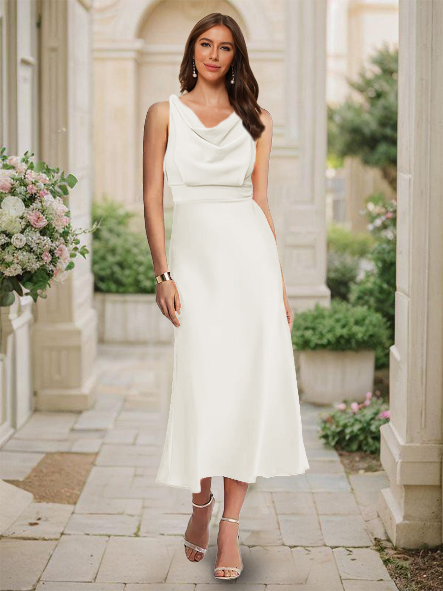 Trumpet Mermaid Cowl Neck Sleeveless Tea Length Ruched Bridesmaid Dresses