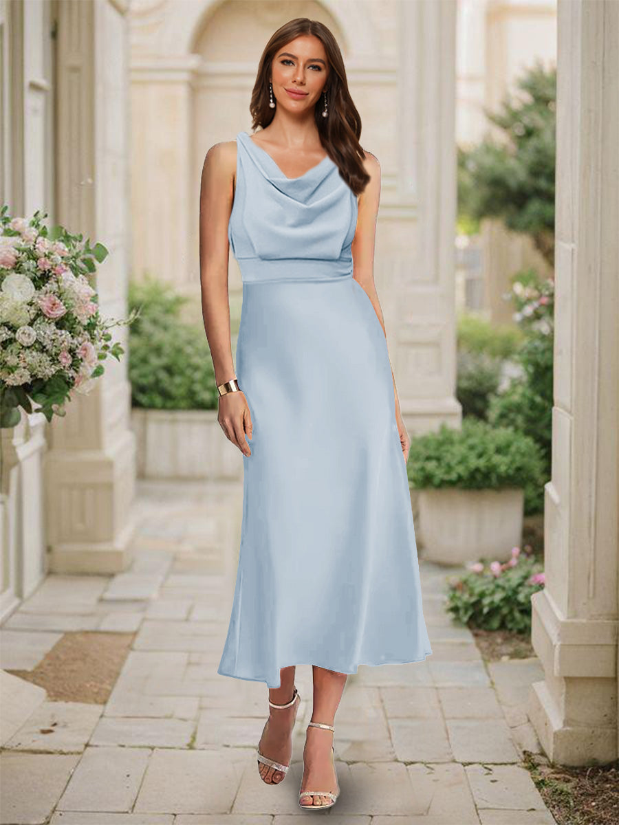 Trumpet Mermaid Cowl Neck Sleeveless Tea Length Ruched Bridesmaid Dresses