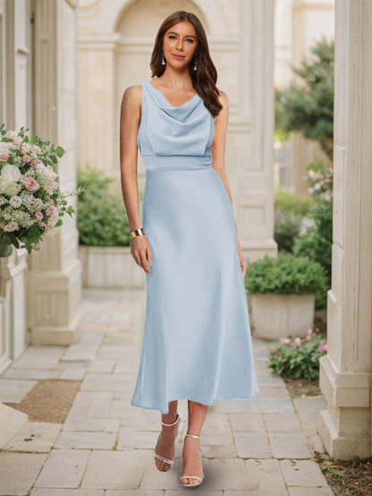 Trumpet Mermaid Cowl Neck Sleeveless Tea Length Ruched Bridesmaid Dresses