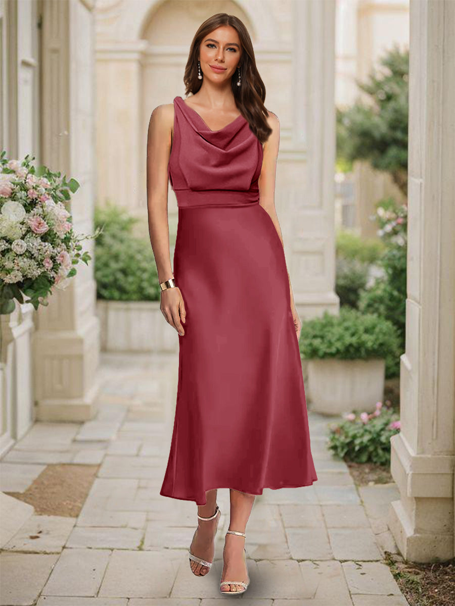 Trumpet Mermaid Cowl Neck Sleeveless Tea Length Ruched Bridesmaid Dresses