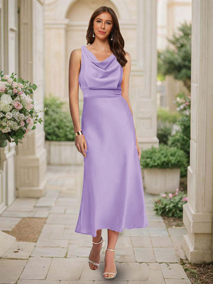 Trumpet Mermaid Cowl Neck Sleeveless Tea Length Ruched Bridesmaid Dresses