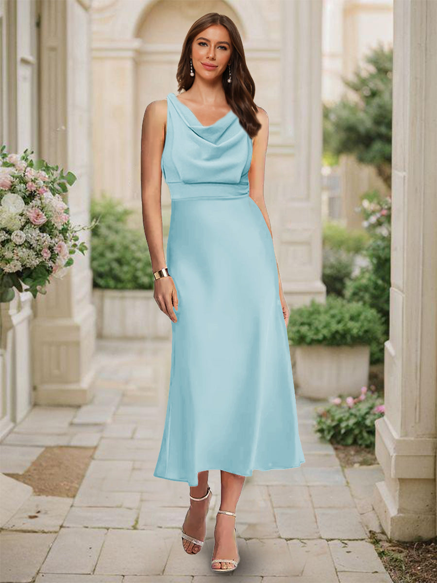 Trumpet Mermaid Cowl Neck Sleeveless Tea Length Ruched Bridesmaid Dresses