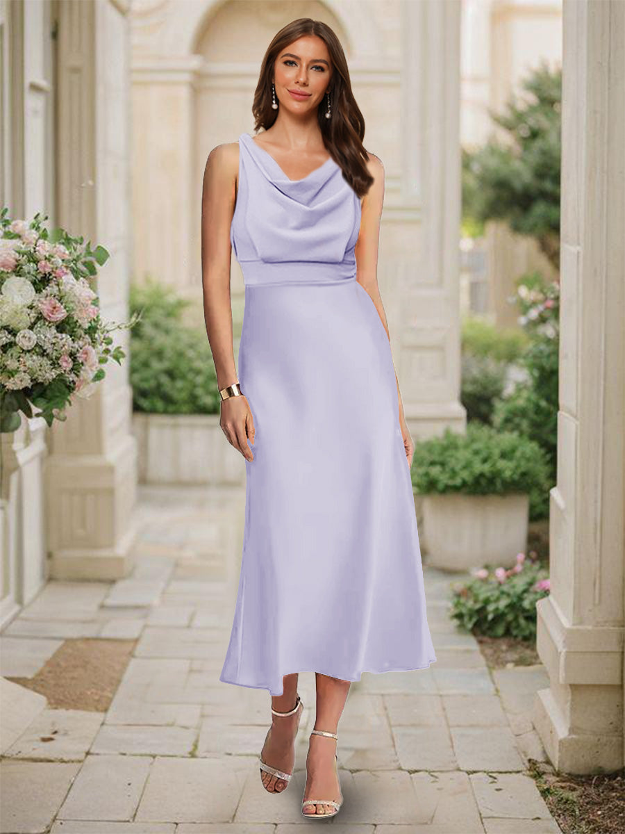 Trumpet Mermaid Cowl Neck Sleeveless Tea Length Ruched Bridesmaid Dresses