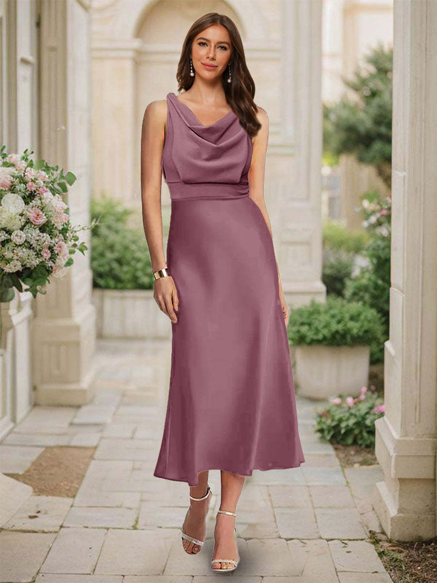 Trumpet Mermaid Cowl Neck Sleeveless Tea Length Ruched Bridesmaid Dresses