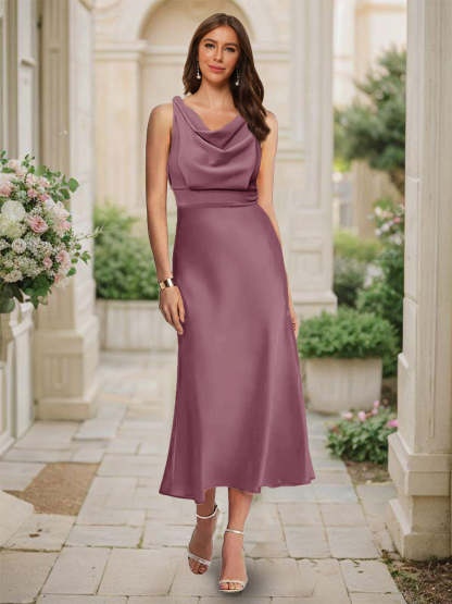 Trumpet Mermaid Cowl Neck Sleeveless Tea Length Ruched Bridesmaid Dresses