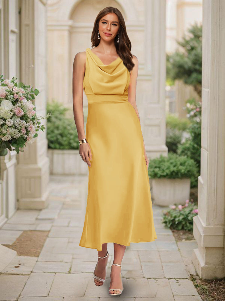 Trumpet Mermaid Cowl Neck Sleeveless Tea Length Ruched Bridesmaid Dresses
