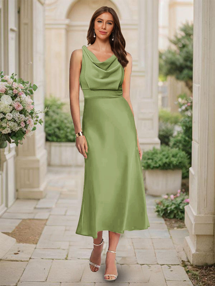 Trumpet Mermaid Cowl Neck Sleeveless Tea Length Ruched Bridesmaid Dresses