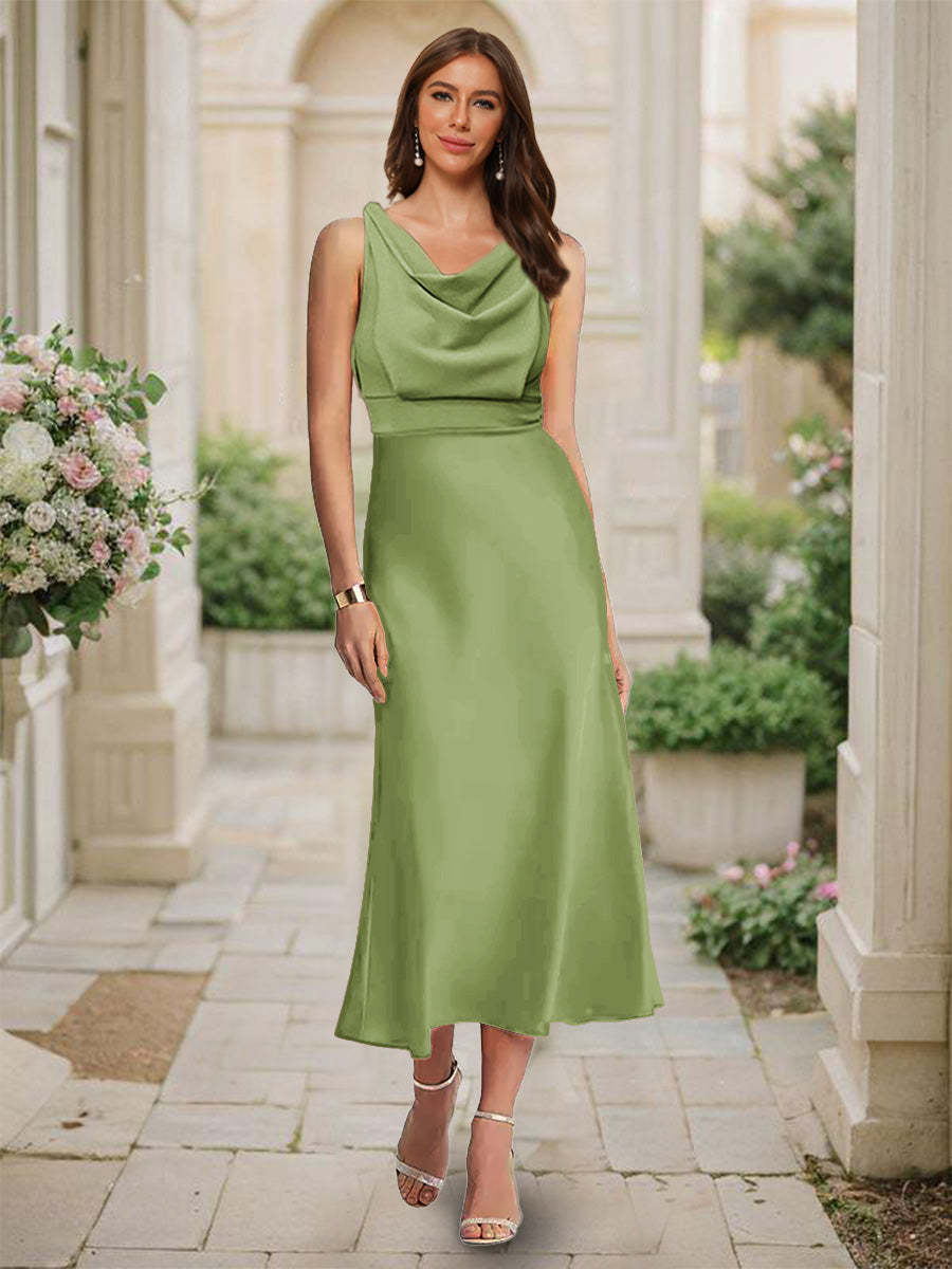 Trumpet Mermaid Cowl Neck Sleeveless Tea Length Ruched Bridesmaid Dresses