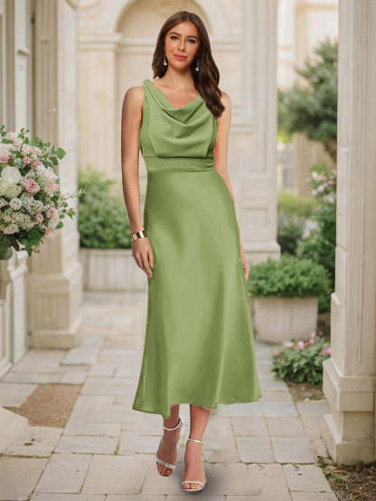 Trumpet Mermaid Cowl Neck Sleeveless Tea Length Ruched Bridesmaid Dresses