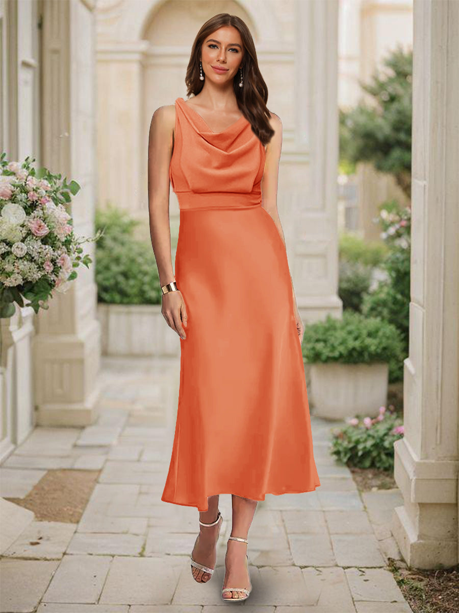 Trumpet Mermaid Cowl Neck Sleeveless Tea Length Ruched Bridesmaid Dresses