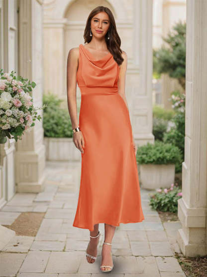 Trumpet Mermaid Cowl Neck Sleeveless Tea Length Ruched Bridesmaid Dresses