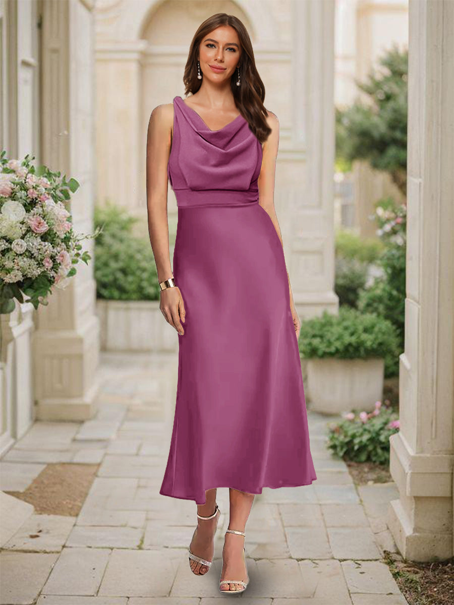 Trumpet Mermaid Cowl Neck Sleeveless Tea Length Ruched Bridesmaid Dresses