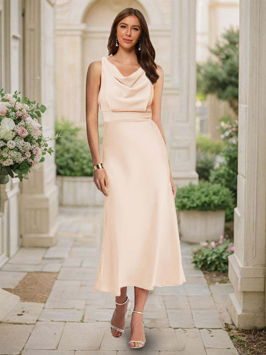 Trumpet Mermaid Cowl Neck Sleeveless Tea Length Ruched Bridesmaid Dresses