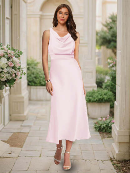 Trumpet Mermaid Cowl Neck Sleeveless Tea Length Ruched Bridesmaid Dresses