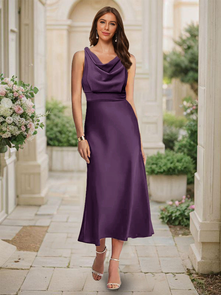 Trumpet Mermaid Cowl Neck Sleeveless Tea Length Ruched Bridesmaid Dresses