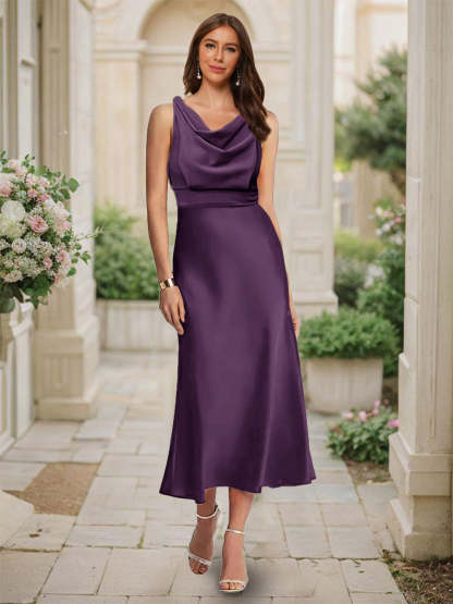 Trumpet Mermaid Cowl Neck Sleeveless Tea Length Ruched Bridesmaid Dresses