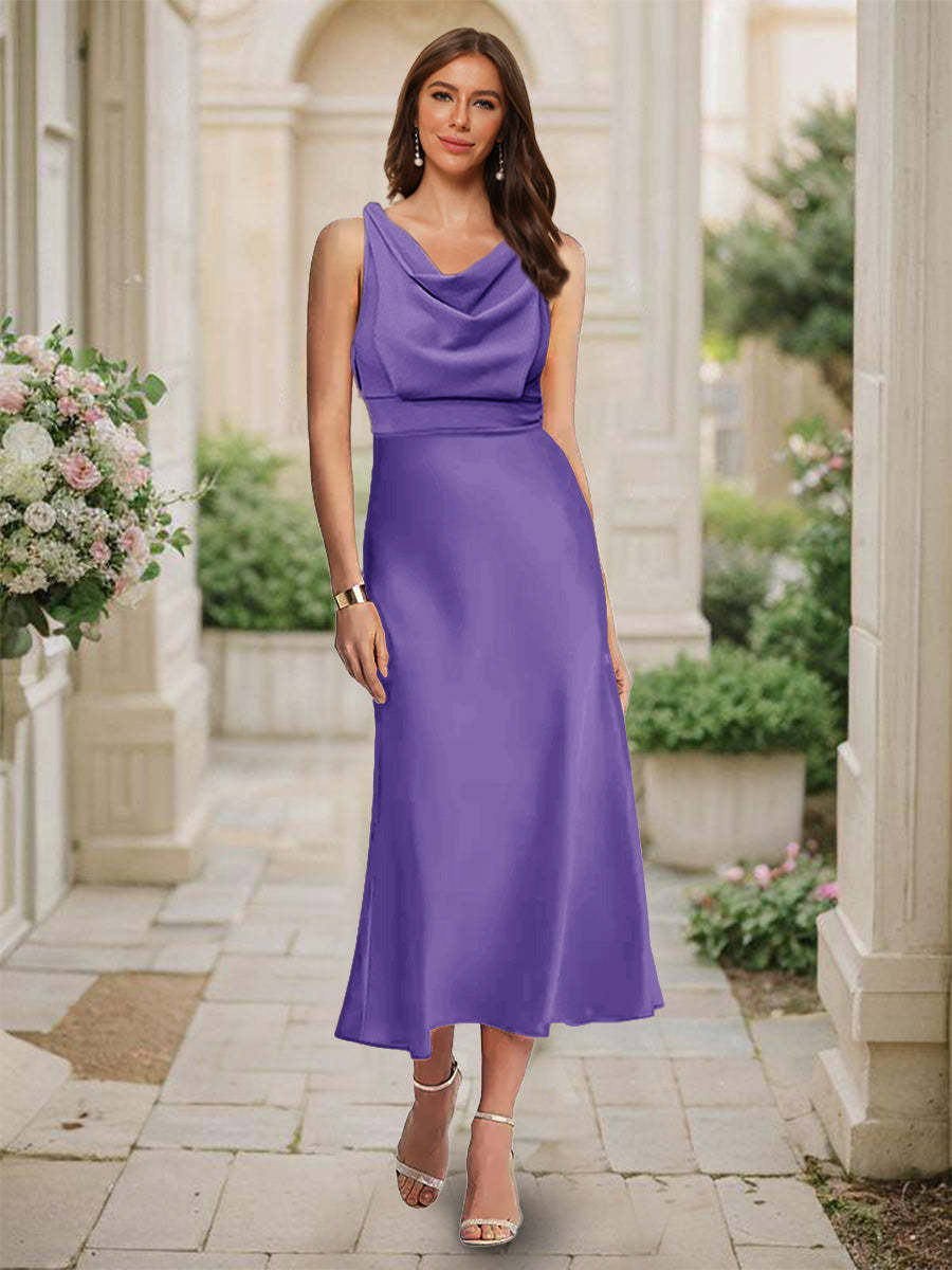 Trumpet Mermaid Cowl Neck Sleeveless Tea Length Ruched Bridesmaid Dresses