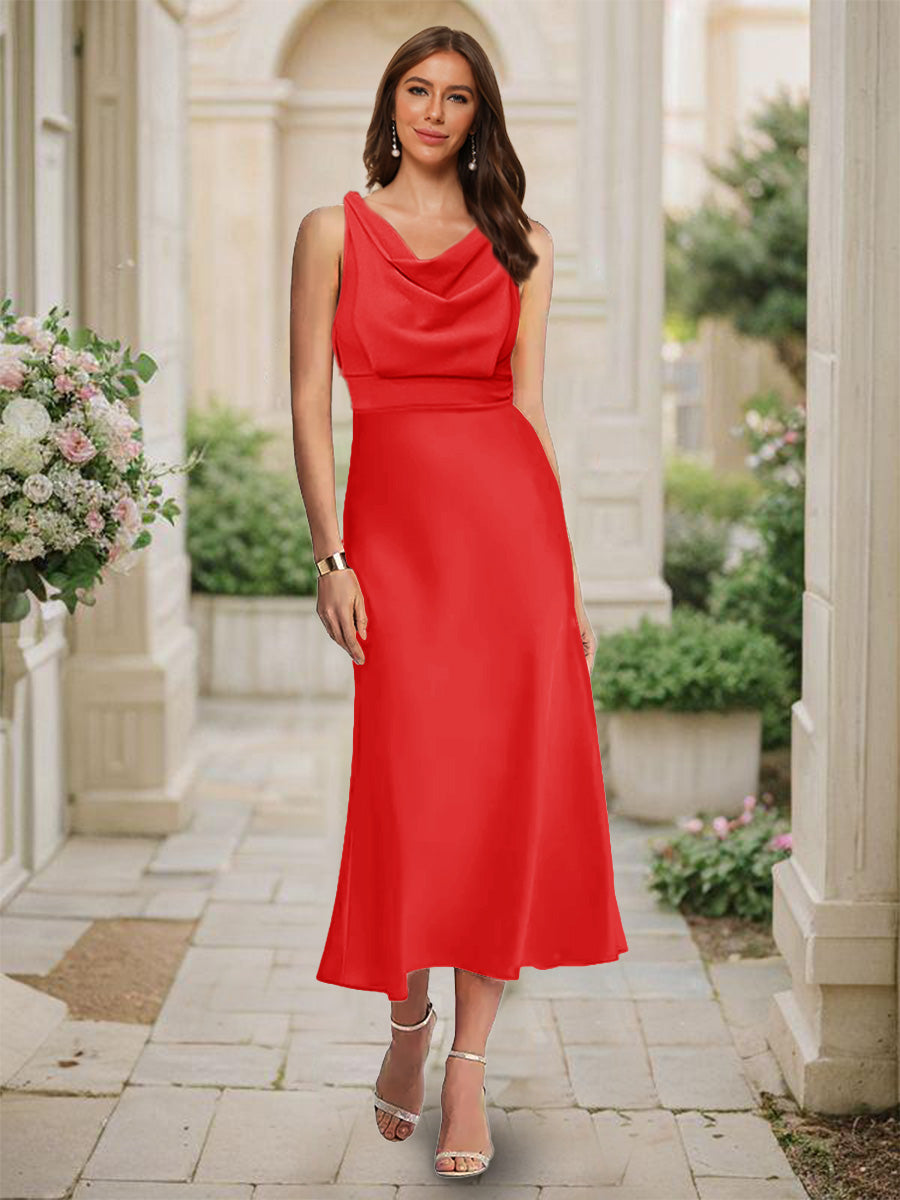 Trumpet Mermaid Cowl Neck Sleeveless Tea Length Ruched Bridesmaid Dresses
