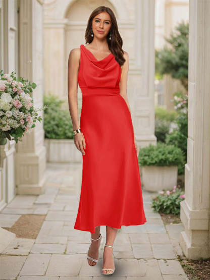 Trumpet Mermaid Cowl Neck Sleeveless Tea Length Ruched Bridesmaid Dresses