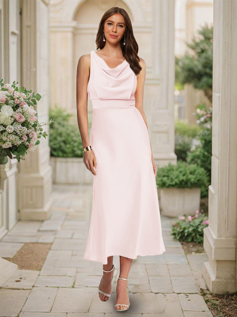Trumpet Mermaid Cowl Neck Sleeveless Tea Length Ruched Bridesmaid Dresses