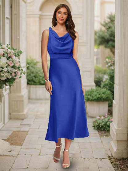 Trumpet Mermaid Cowl Neck Sleeveless Tea Length Ruched Bridesmaid Dresses