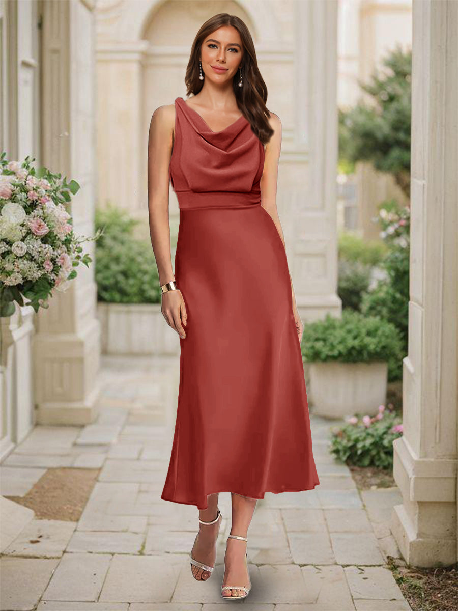 Trumpet Mermaid Cowl Neck Sleeveless Tea Length Ruched Bridesmaid Dresses