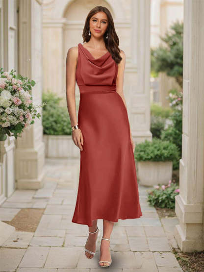 Trumpet Mermaid Cowl Neck Sleeveless Tea Length Ruched Bridesmaid Dresses