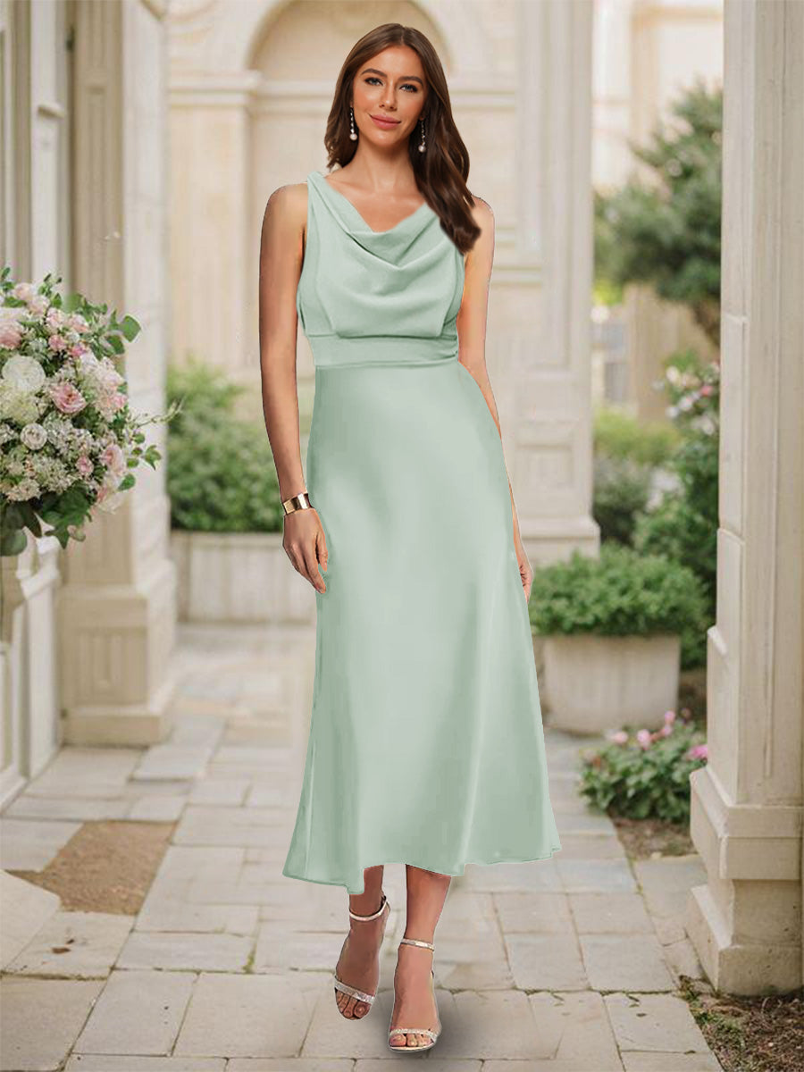 Trumpet Mermaid Cowl Neck Sleeveless Tea Length Ruched Bridesmaid Dresses