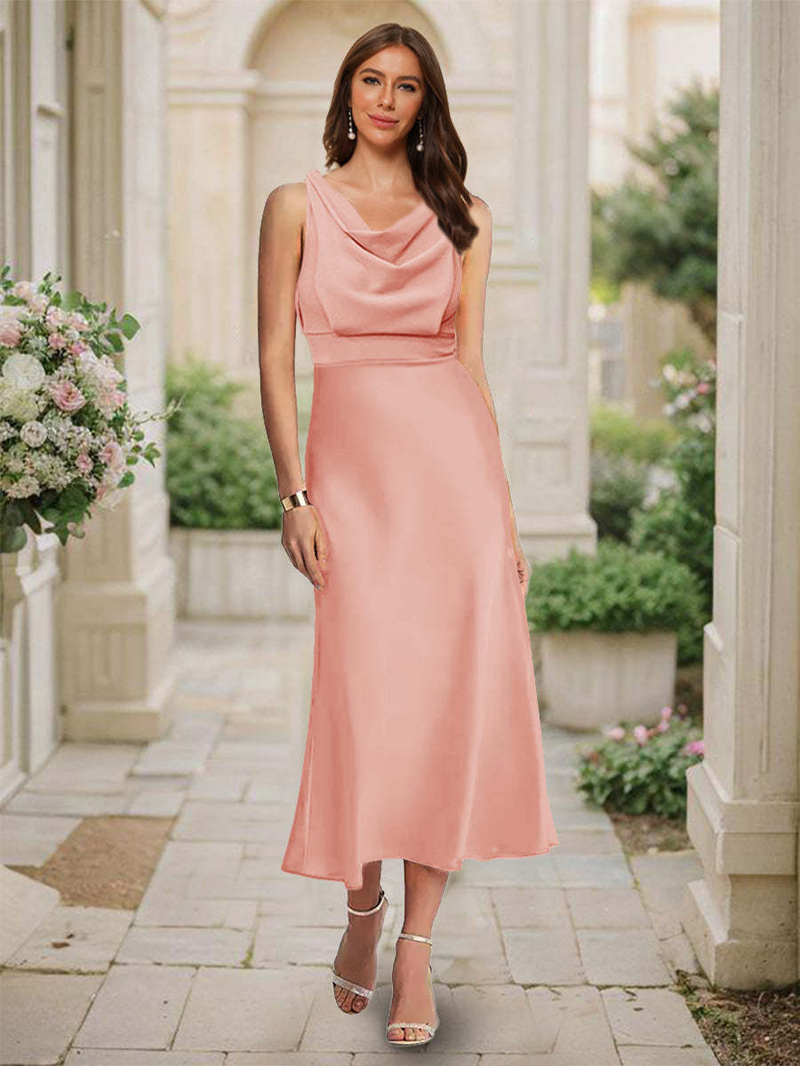 Trumpet Mermaid Cowl Neck Sleeveless Tea Length Ruched Bridesmaid Dresses