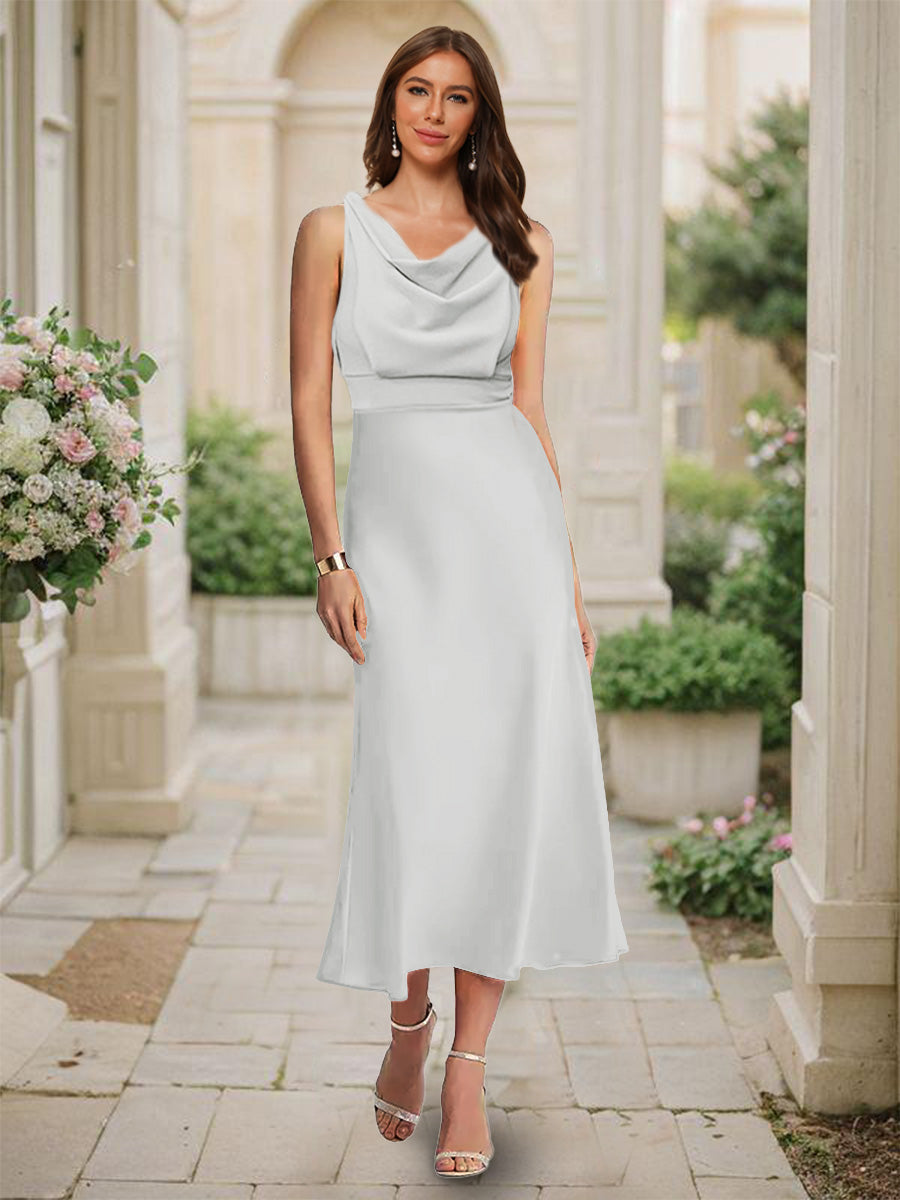 Trumpet Mermaid Cowl Neck Sleeveless Tea Length Ruched Bridesmaid Dresses