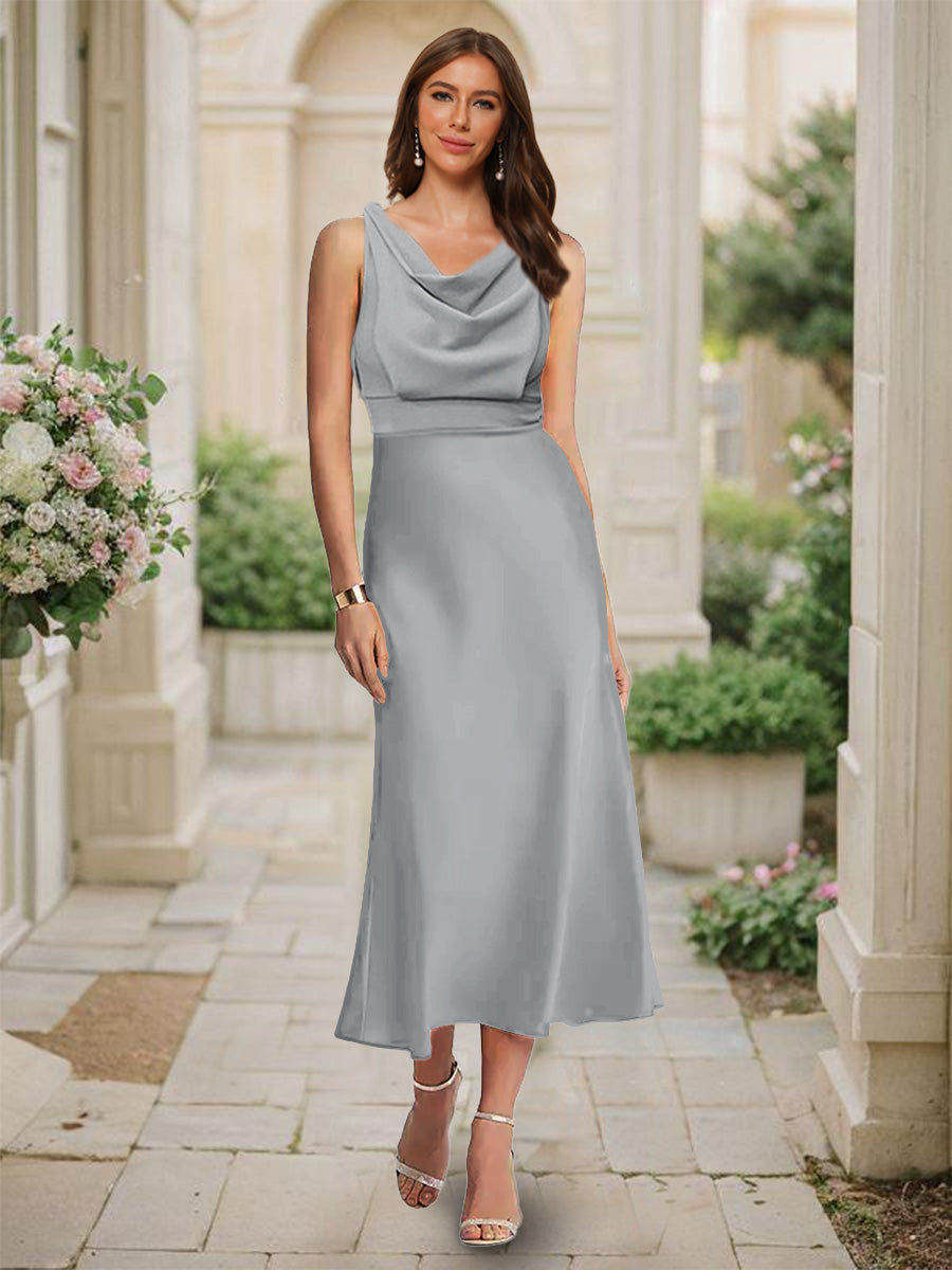 Trumpet Mermaid Cowl Neck Sleeveless Tea Length Ruched Bridesmaid Dresses