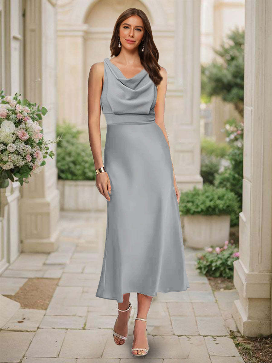 Trumpet Mermaid Cowl Neck Sleeveless Tea Length Ruched Bridesmaid Dresses