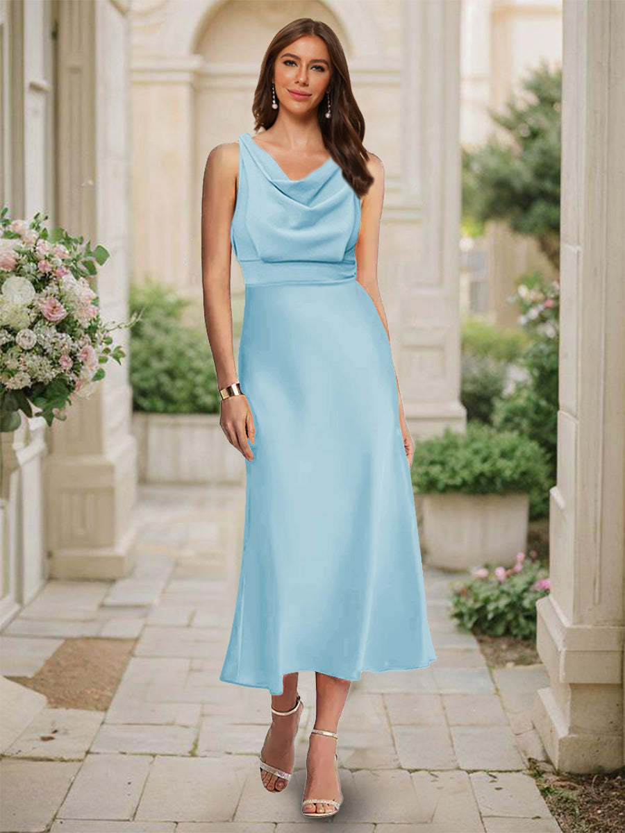 Trumpet Mermaid Cowl Neck Sleeveless Tea Length Ruched Bridesmaid Dresses