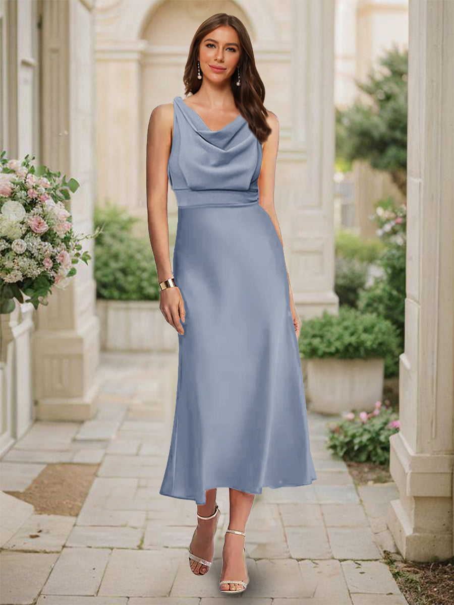 Trumpet Mermaid Cowl Neck Sleeveless Tea Length Ruched Bridesmaid Dresses
