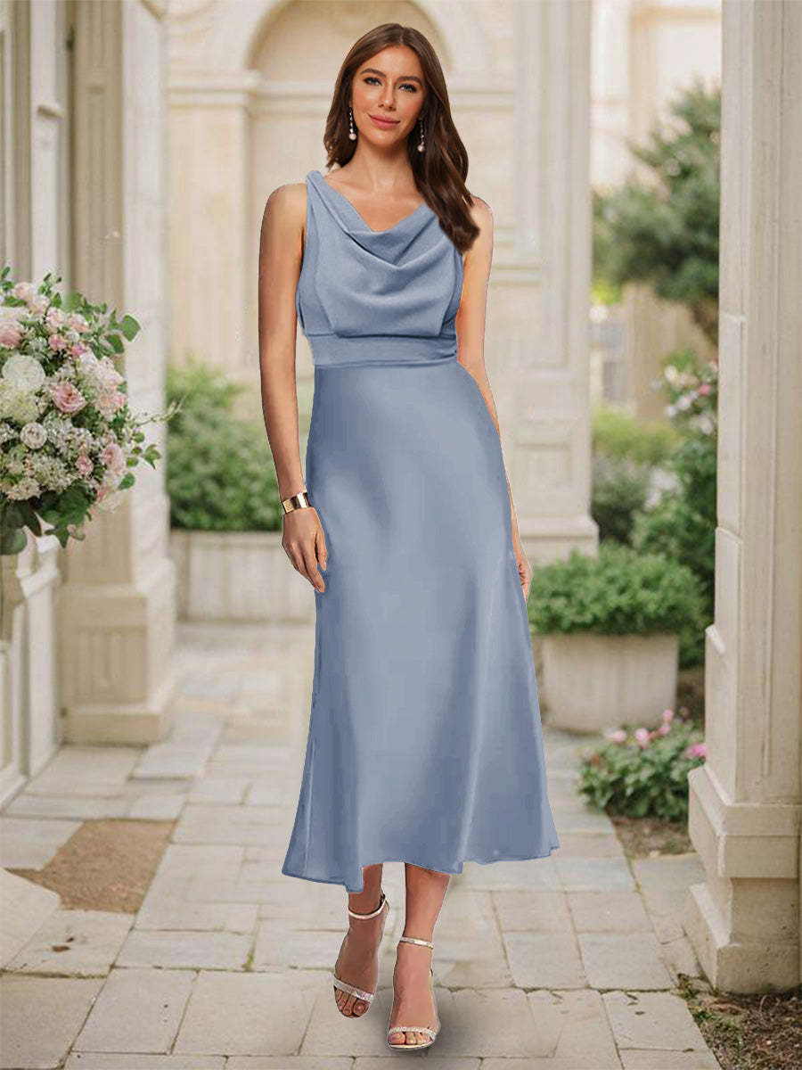 Trumpet Mermaid Cowl Neck Sleeveless Tea Length Ruched Bridesmaid Dresses