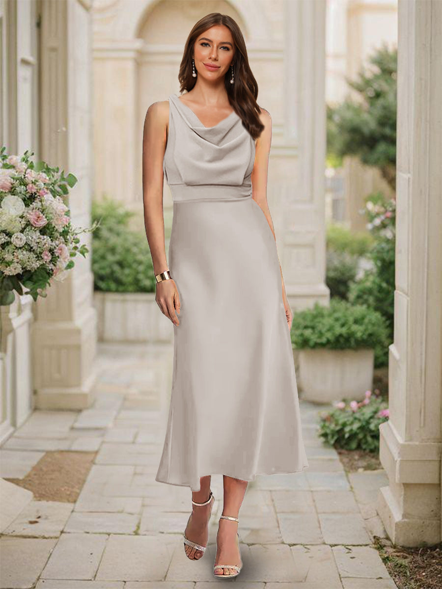 Trumpet Mermaid Cowl Neck Sleeveless Tea Length Ruched Bridesmaid Dresses
